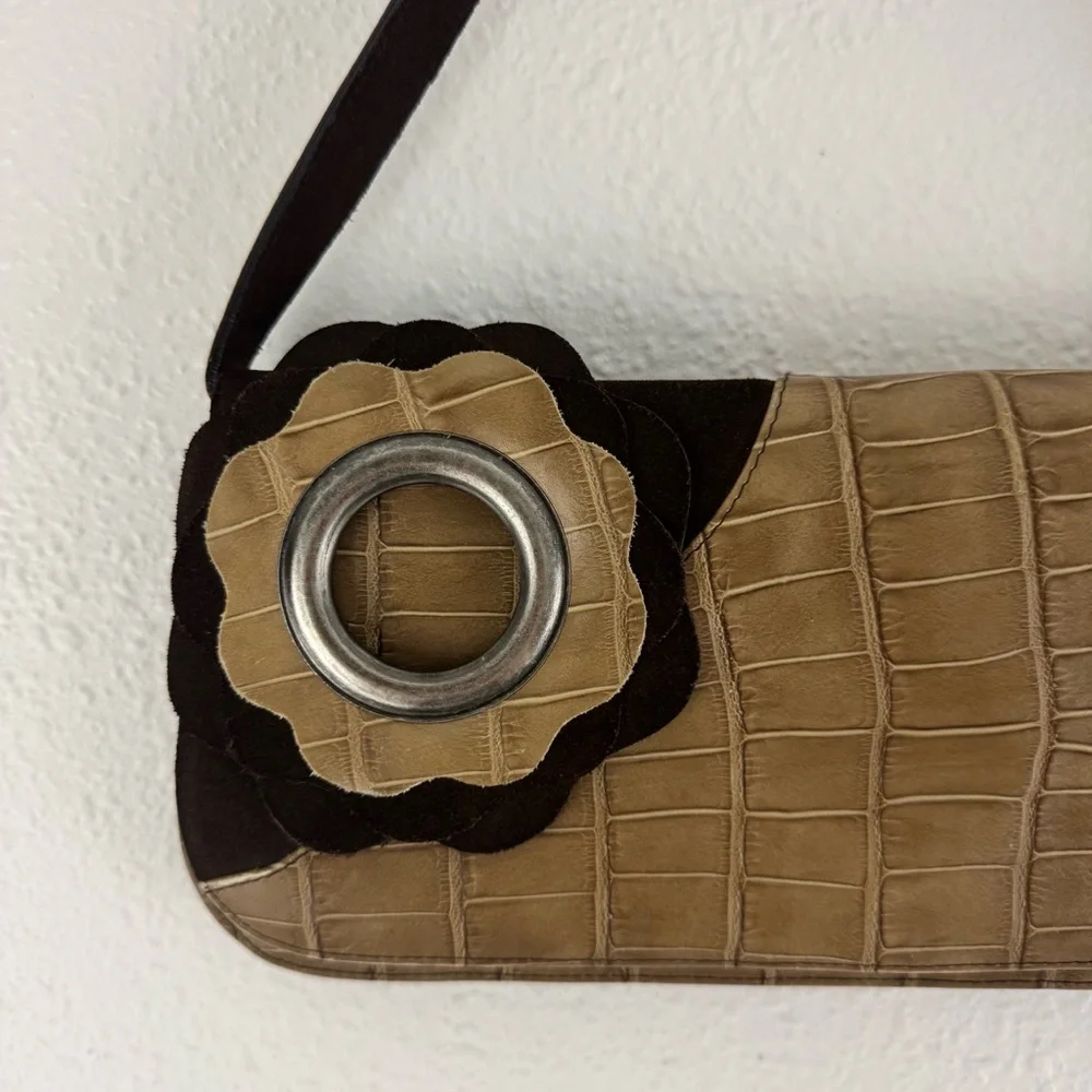 VENERA ARAPU Vintage 90s Brown Tan Suede Leather Embossed Flower Shoulder Bag